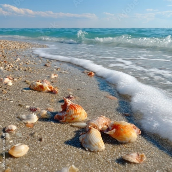 Fototapeta A peaceful beach scene with seashells scattered along the sand and gentle waves rolling in.