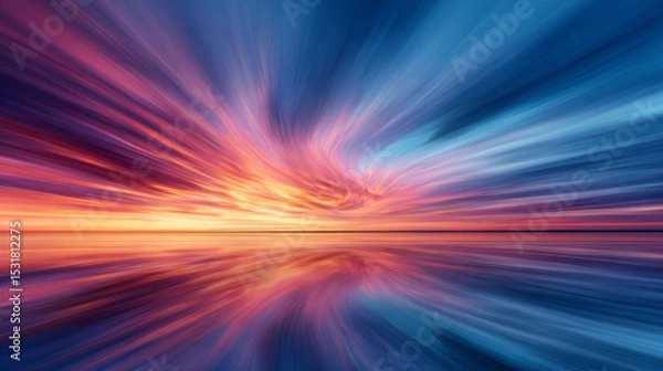 Fototapeta A display of dramatic and colorful sky patterns transitioning into serene reflections, highlighting motion, energy, and calmness, ideal for creative and inspirational purposes.