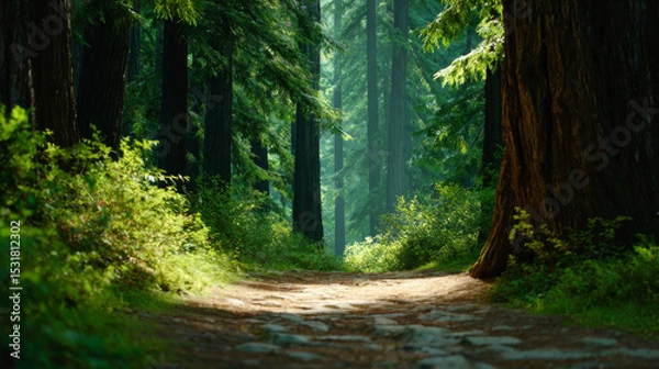 Obraz Vibrant forest adorned with towering redwoods, lush green undergrowth, and a winding path, illuminated by warm natural sunlight filtering through the trees evoking feelings of harmony and tranquility