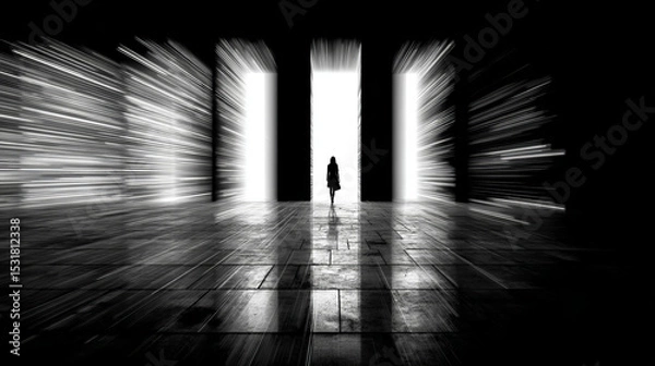 Obraz Silhouette of a person walking towards highly illuminated doorways in a dramatic reflective space
