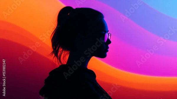 Obraz A person's silhouette wearing glasses stands before an artistic display of vibrant, multicolored swirls of light, creating a visually striking and modern composition with a creative abstract feel.