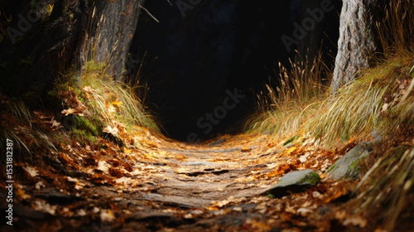 Obraz A beautiful forest walk adorned with fallen autumn leaves. The warm colors and natural light create a peaceful mood, showcasing the changing season's beauty in every detail of nature.