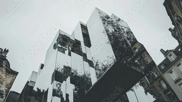 Obraz Modern architectural structure with mirrored surfaces reflecting sky