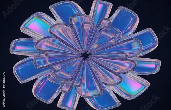 Fototapeta Holographic Y2k inspired abstract shape, isolated chrome element for futuristic design. Abstract iridescent flower fractal. Copy space for greeting card, poster, banner, book, presentation and report 