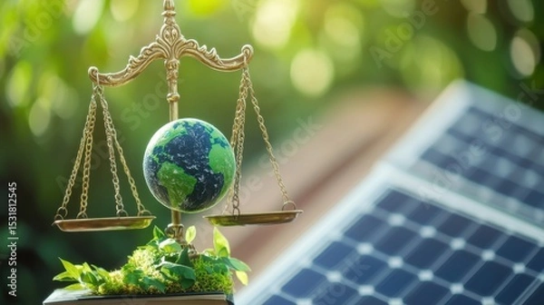 Obraz A scale of justice balancing a green Earth and a sustainable business, with law books and solar panels