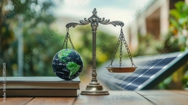 Obraz A scale of justice balancing a green Earth and a sustainable business, with law books and solar panels