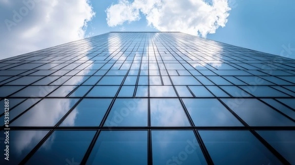 Obraz Modern Glass Building with Sky Reflection and Clouds Above