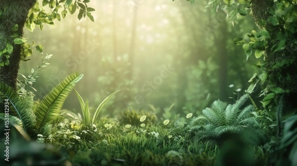 Obraz A serene forest filled with diverse green plants and trees, celebrating the importance of the environment on World Environment Day, 