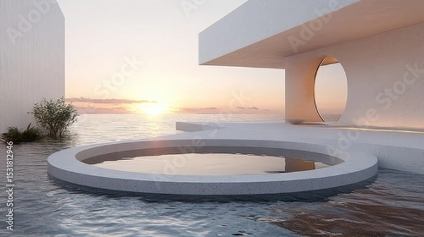 Obraz Modern Minimalist Architecture with Circular Pool at Sunset