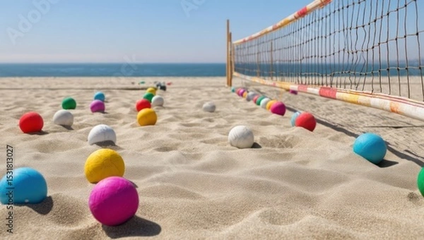 Fototapeta Beach volleyball in action, with teams competing for victory as the sun shines down.