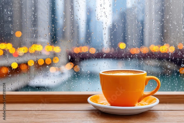 Fototapeta Warm cup of coffee in orange cup sits on wooden table by rainy window with blurred city lights creating cozy and calm atmosphere