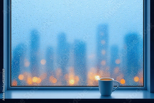 Fototapeta Cup of coffee on windowsill with raindrops on glass and blurred city lights in background creating calm and cozy atmosphere