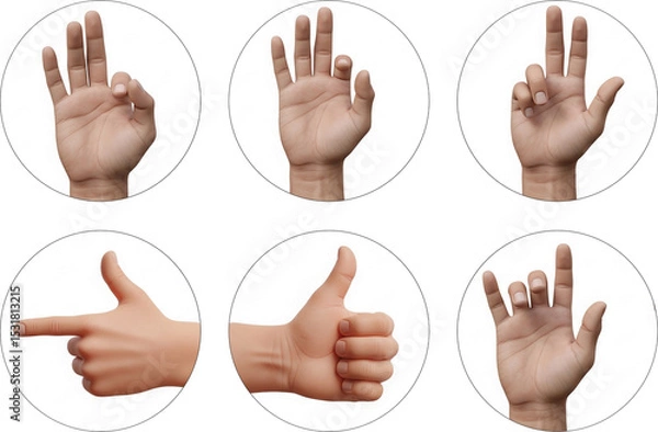 Fototapeta Realistic hand gestures set. Different messages or silent communication through gestures. White background.