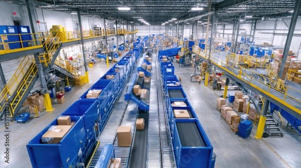 Obraz Automated sorting line in large warehouse rapidly moves cardboard boxes for efficient packaging and distribution in bright industrial setting