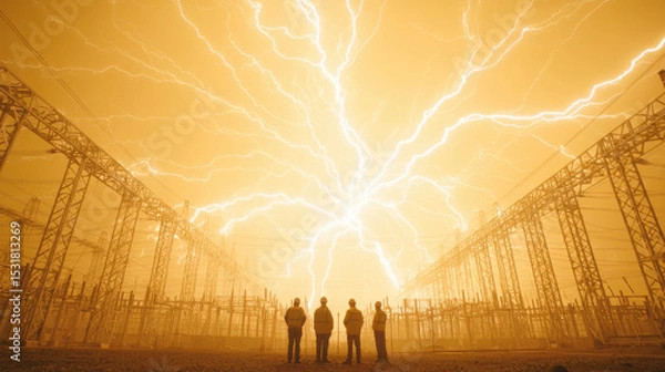Fototapeta Electric storm with lightning bolts striking over power station with workers observing intense energy display in dramatic scene