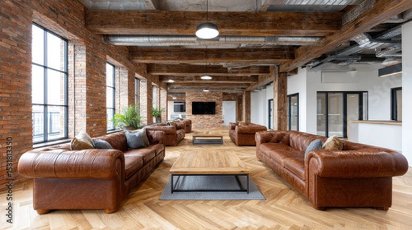 Fototapeta Industrial office lounge with leather sofa and wooden table under exposed ceiling beams, bright natural light and cozy atmosphere