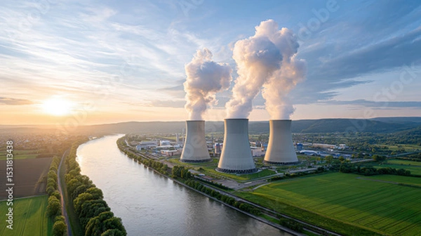Fototapeta Nuclear power plant with cooling towers emitting steam near river and green fields under bright sky at sunset