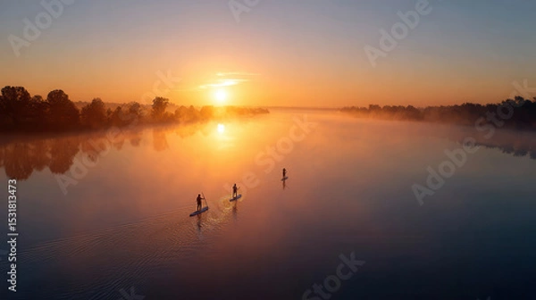 Fototapeta Wide shot of paddleboarders at sunrise on misty calm lake with warm orange sky and peaceful water reflections