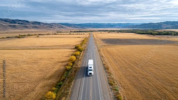 Fototapeta Aerial view of single white truck driving on long rural road surrounded by golden fields and distant mountains under cloudy sky