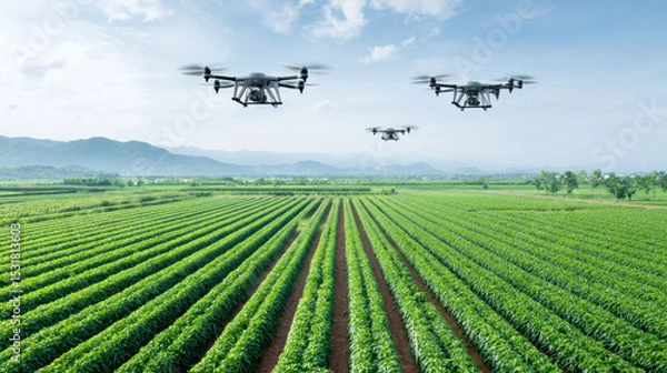 Fototapeta Drones flying over green agricultural field with mountains in background under blue sky, showing smart farming technology