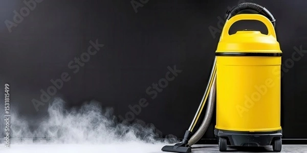 Fototapeta Bright Yellow Steam Cleaner with Vapor on Dark Background