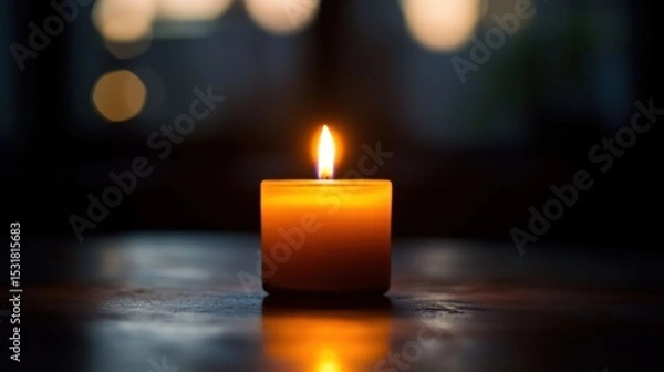 Obraz A single candle burning brightly in the middle of a dark, empty room, symbolizing hope and resilience, on blur background