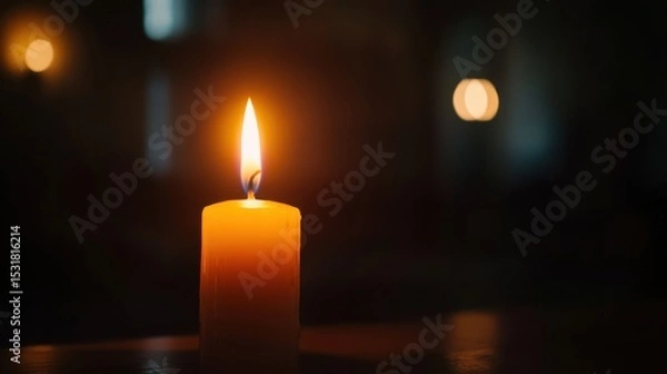 Obraz A single candle burning brightly in the middle of a dark, empty room, symbolizing hope and resilience, on blur background
