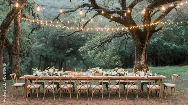 Fototapeta Outdoor Wedding Reception Table Under String Lights