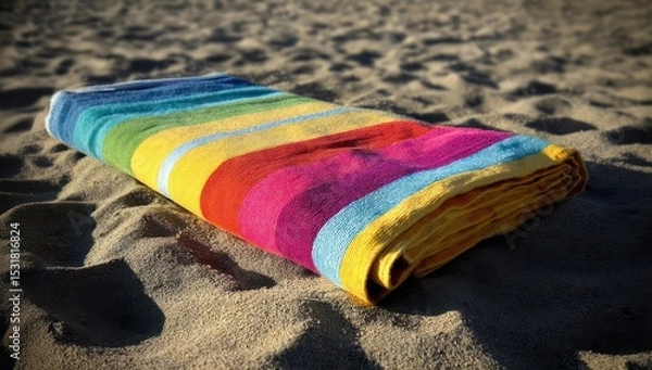 Fototapeta Vibrant striped beach towel spread out on the sand with a hat resting on top, waiting to relax.