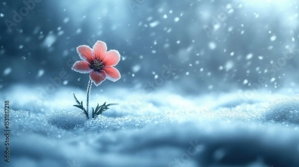 Obraz A single flower blooming in a field of snow, symbolizing growth and resilience in an unforgiving environment, 
