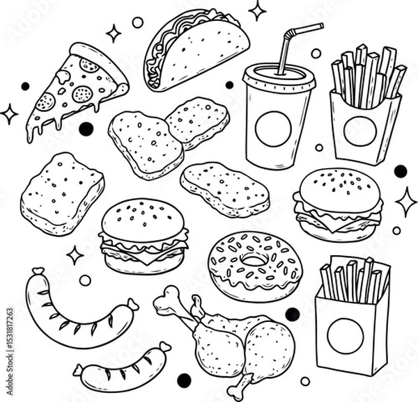 Fototapeta A hand-drawn collection of classic fast food favorites. This black and white line art illustration features pizza, burgers, fries, tacos, chicken nuggets, donuts, and soda in a fun, whimsical doodle.