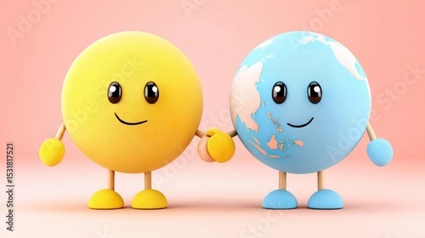 Obraz Friendly Cartoon Globes Holding Hands on Pink Background