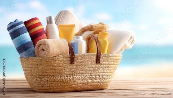 Fototapeta Handmade woven basket filled with sunscreen, towels, and other beach essentials for a great day.