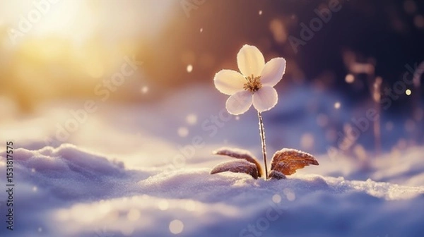 Obraz A single flower blooming in a field of snow, symbolizing growth and resilience in an unforgiving environment, 