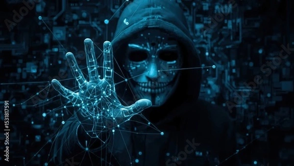 Fototapeta Hacker with cybernetic hand weaving glowing digital intricate circuit patterns