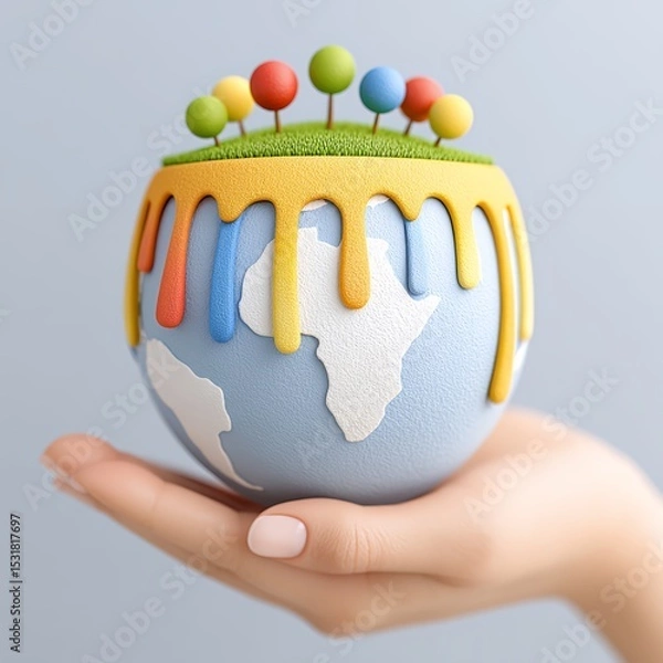 Obraz Hand Holding Miniature Earth with Colorful Pins and Dripping Paint