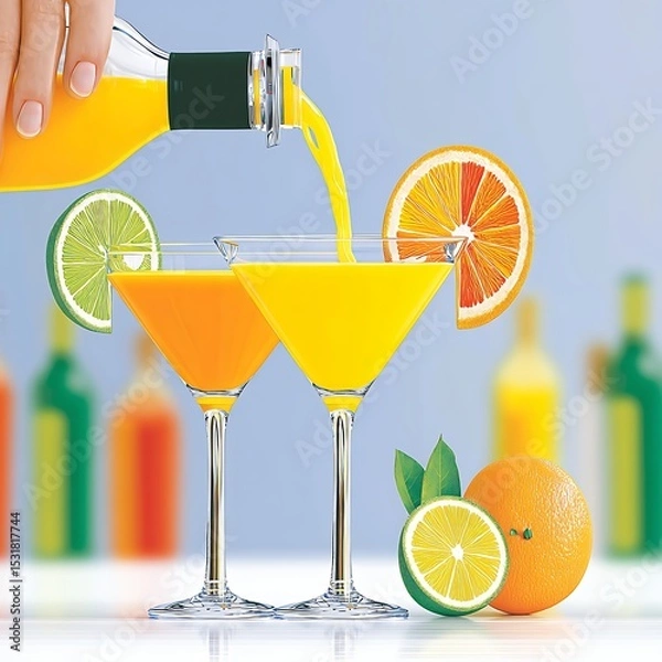 Obraz Hand Pouring Orange Juice into Two Cocktails Garnished with Citrus Slices