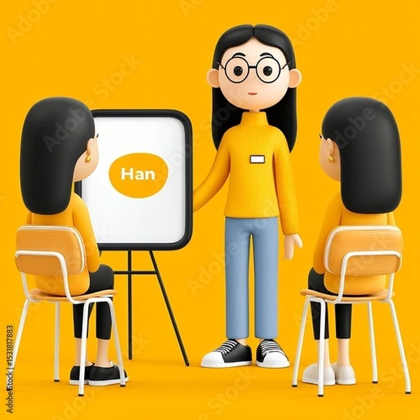 Obraz 3D Animated Women in Yellow Giving Presentation on Yellow Background