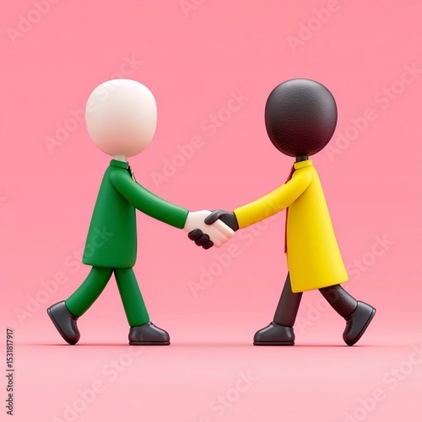 Obraz 3D Figures Shaking Hands Green and Yellow Figures on Pink Background