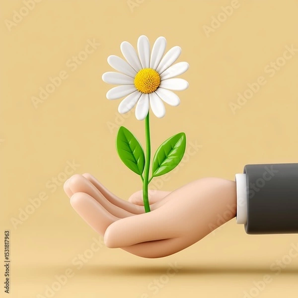 Obraz 3D Render of Hand Holding a Daisy Against Yellow Background