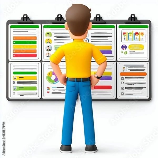 Obraz 3D Render of Man Reviewing Colorful Charts and Graphs on Whiteboard