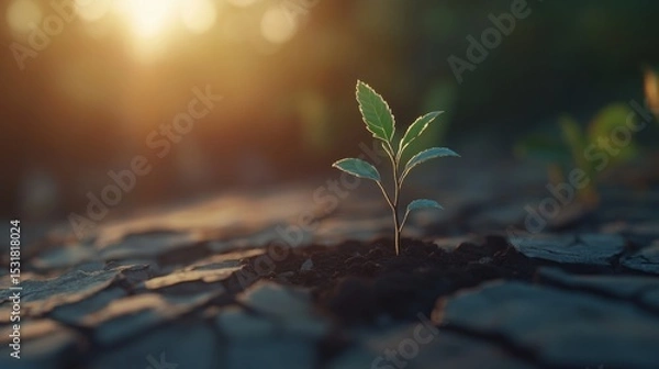 Obraz A small plant growing through cracked, dry earth, representing perseverance in a harsh environment, 