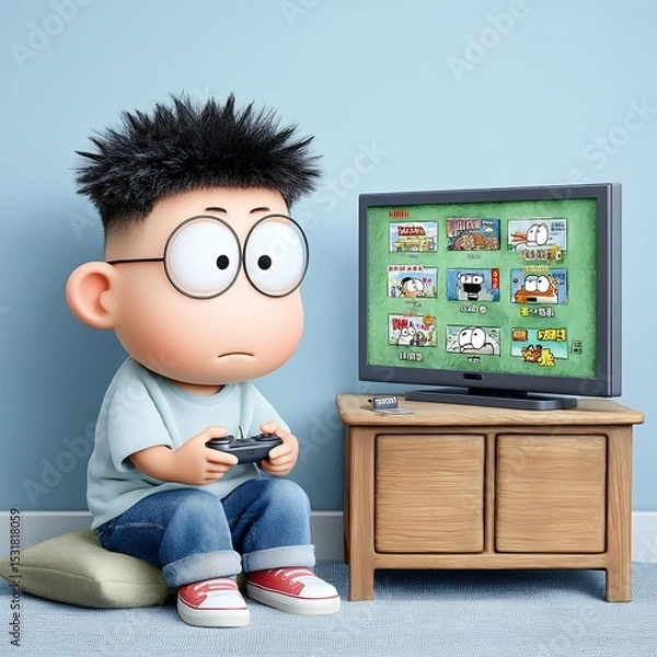 Obraz 3D Rendered Cartoon Boy Playing Video Games on Television