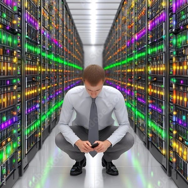Obraz Businessman Using Smartphone in Brightly Lit Server Room