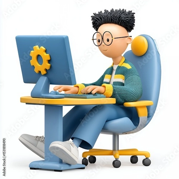 Obraz Cartoon Boy Using Computer in Blue Chair Digital Illustration