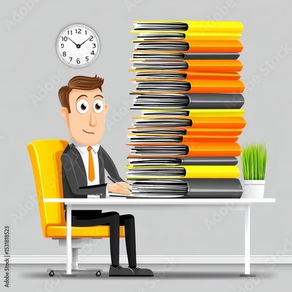 Obraz Cartoon Businessman Working at Desk with Large Stack of Files
