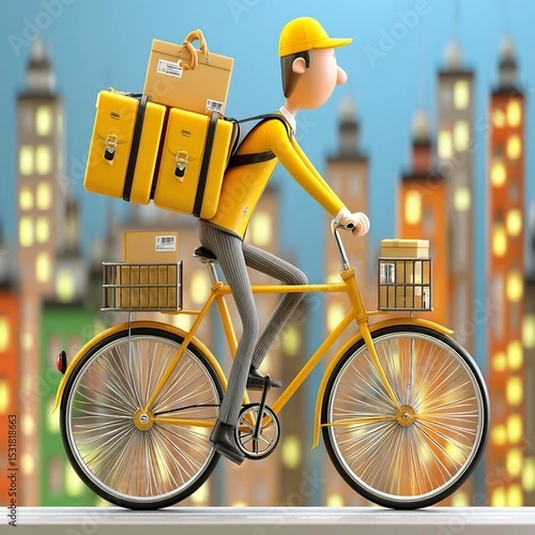 Obraz Cartoon Delivery Man on Yellow Bicycle at Night in City