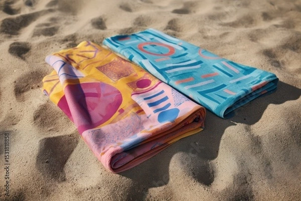 Fototapeta Two colorful beach towels with playful patterns laid on the sand for a relaxing time in the sun.