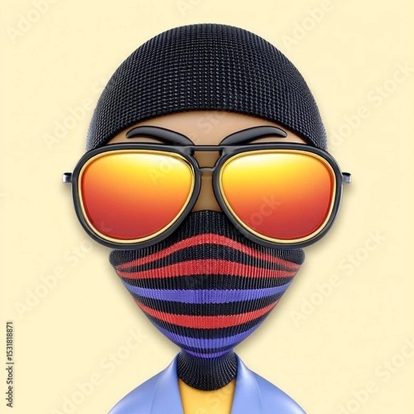 Obraz Cartoon Person in Knit Cap and Mirrored Sunglasses with Striped Face Mask
