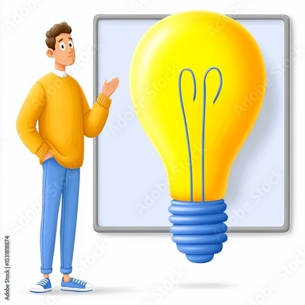 Obraz Cartoon Man Presenting a Large Yellow Lightbulb on Whiteboard